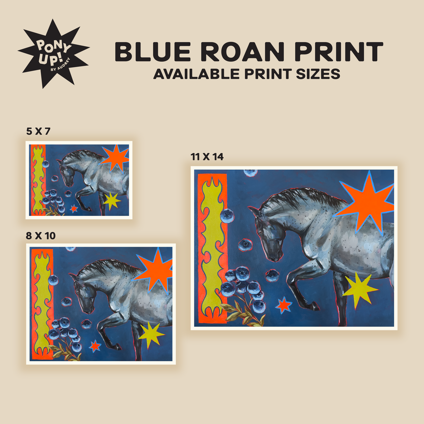 Art print of a horse with blue roan coloring, available in different sizes, on a beige background.