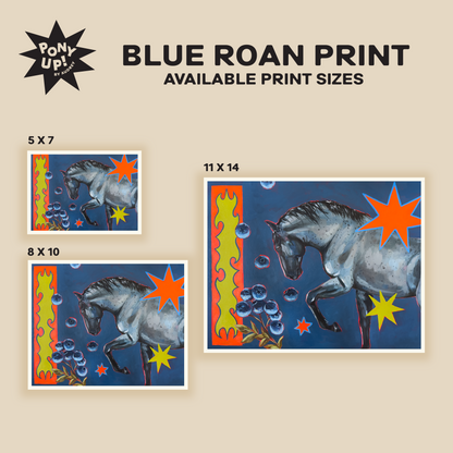 Art print of a horse with blue roan coloring, available in different sizes, on a beige background.