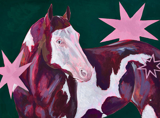 Painting of a horse with abstract pink stars on a dark green background